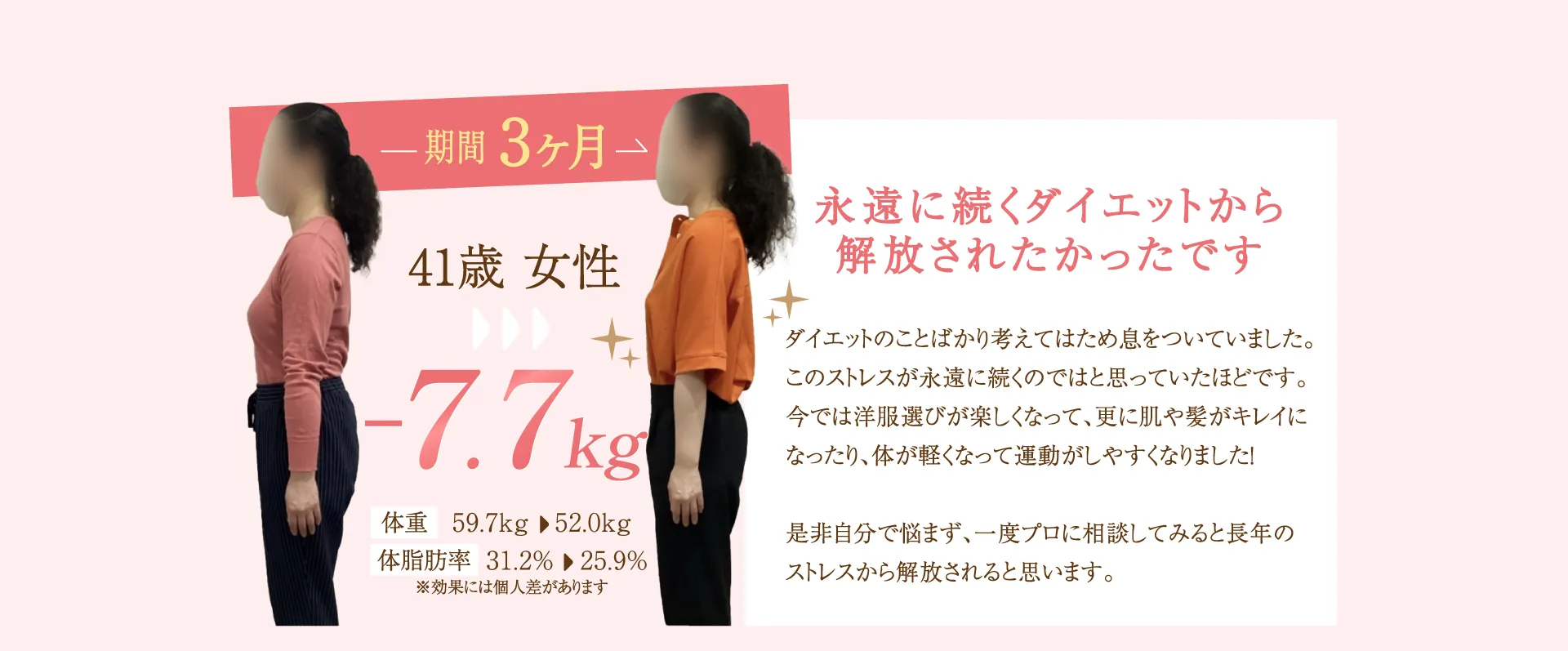 期間3ヶ月 41歳女性 -7.7kg 永遠に続くダイエットから解放されたかったです